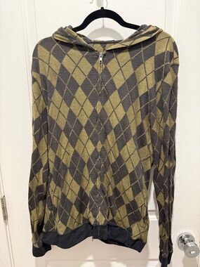 Men's Olive and Charcoal Argyle Zip-Up Hooded Sweater